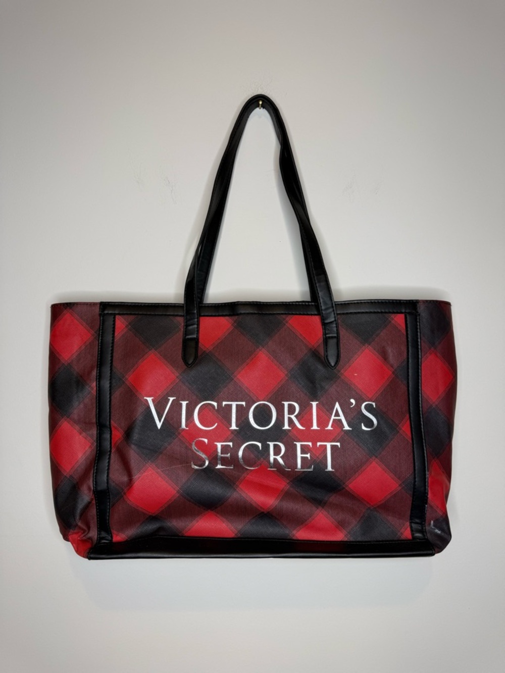 Victoria's Secret Red and Black Buffalo Plaid Holiday Tote bag.